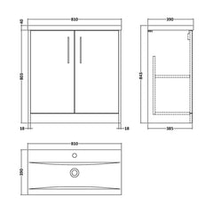 [BFPF2205A] Winshill Contemporary 2 Door Floor Standing Vanity Basin Unit with Mid-Edge Basin, Choice of Size and Colour - Technical Drawing