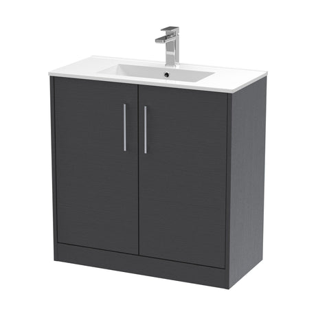 [BFPF2205B] Winshill Contemporary 2 Door Floor Standing Vanity Unit with Minimalist Basin, Woodgrain Dark Grey, 800mm - Cutout