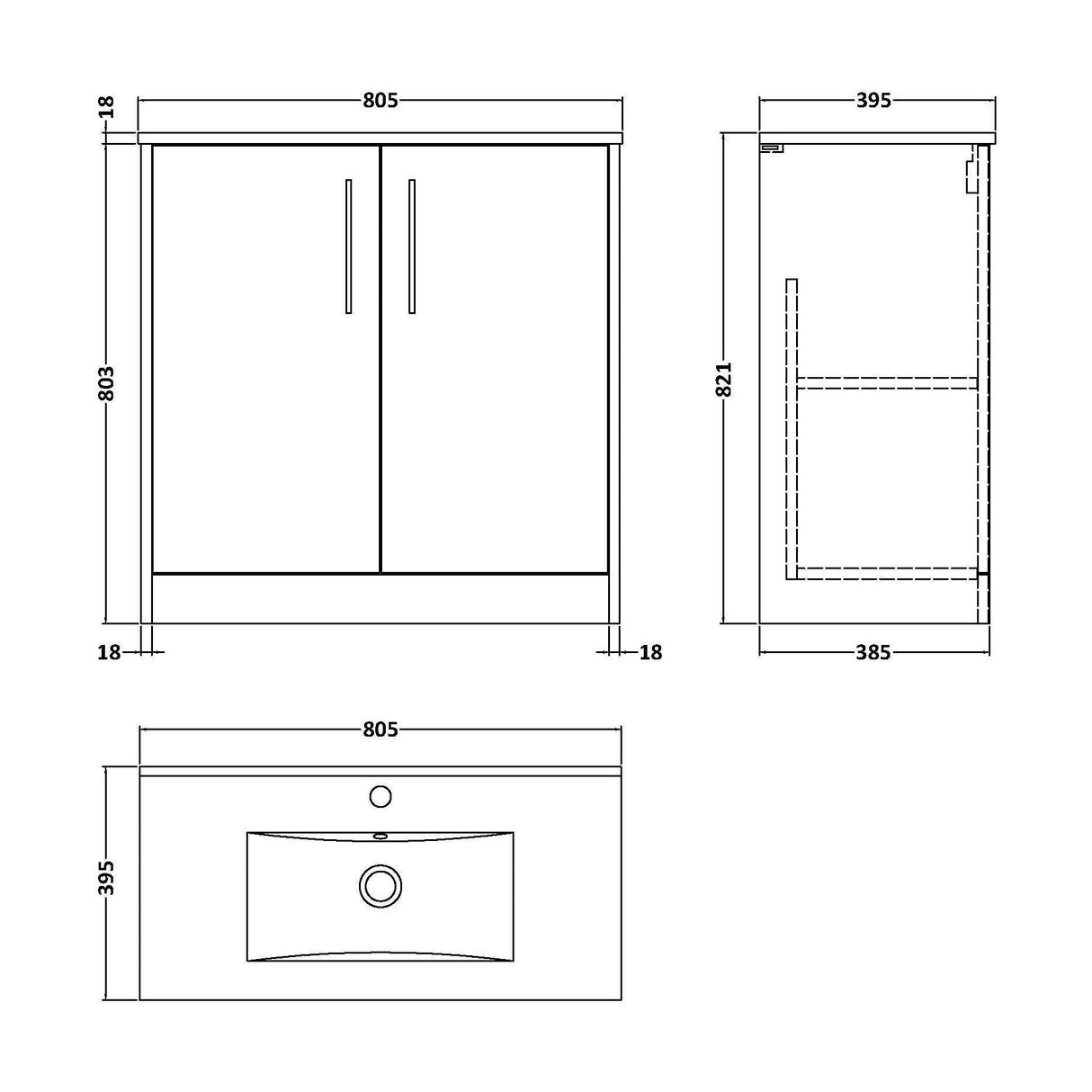 [BFPF2205B] Winshill Contemporary 2 Door Floor Standing Vanity Unit with Minimalist Basin - Choice of Size and Colour - Technical Drawing