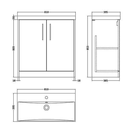 [BFPF2205D] Winshill Contemporary 2 Door Floor Standing Vanity Unit with Thin Edge Basin, Woodgrain Dark Grey, 800mm - Technical Drawing