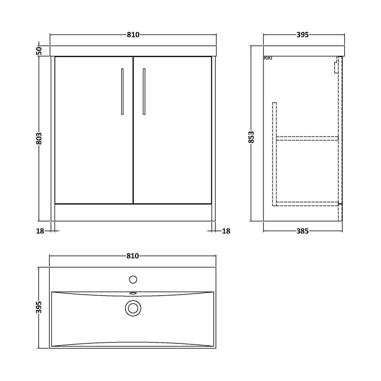 [BFPF2205D] Winshill Contemporary 2 Door Floor Standing Vanity Unit with Thin Edge Basin - Choice of Size and Colour - Technical Drawing