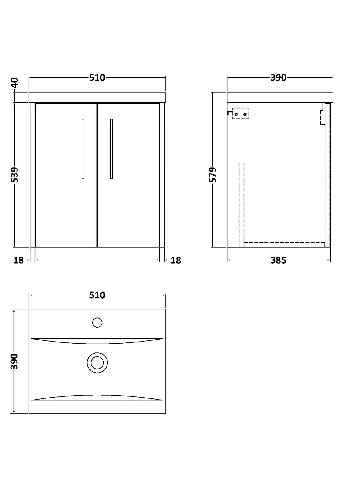 [BFPF2221A] Winshill Contemporary 2 Door Wall Hung Vanity Unit with Mid-Edge Basin - Choice of Size and Colour - Technical Drawing