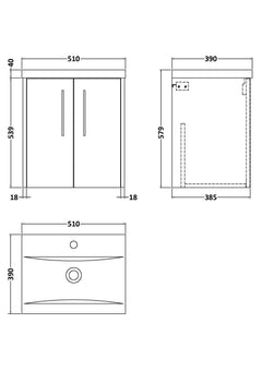 [BFPF2221A] Winshill Contemporary 2 Door Wall Hung Vanity Unit with Mid-Edge Basin - Choice of Size and Colour - Technical Drawing