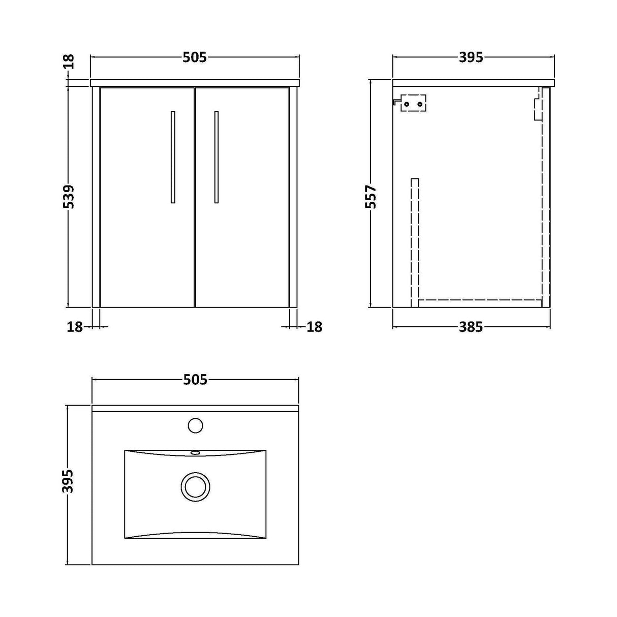 [BFPF2221B] Winshill Contemporary 2 Door Wall Hung Vanity Unit with Minimalist Basin - Choice of Size and Colour - Technical Drawing