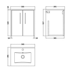 [BFPF2221B] Winshill Contemporary 2 Door Wall Hung Vanity Unit with Minimalist Basin - Choice of Size and Colour - Technical Drawing
