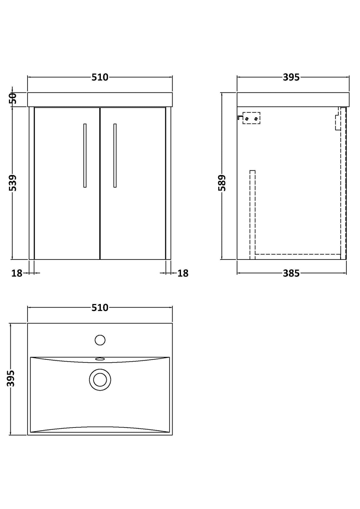 [BFPF2221D] Winshill Contemporary 2 Door Wall Hung Vanity Unit with Thin Edge Basin - Choice of Size and Colour - Technical Drawing