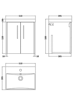 [BFPF2221D] Winshill Contemporary 2 Door Wall Hung Vanity Unit with Thin Edge Basin - Choice of Size and Colour - Technical Drawing
