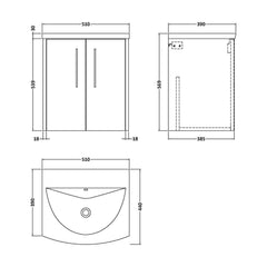[BFPF2221G] Winshill Contemporary 2 Door Wall Hung Vanity Unit with Curved Basin - Choice of Size and Colour - Technical Drawing
