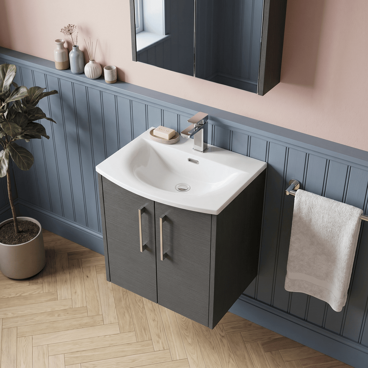 [BFPF2221G] Winshill Contemporary 2 Door Wall Hung Vanity Unit with Curved Basin - Choice of Size and Colour