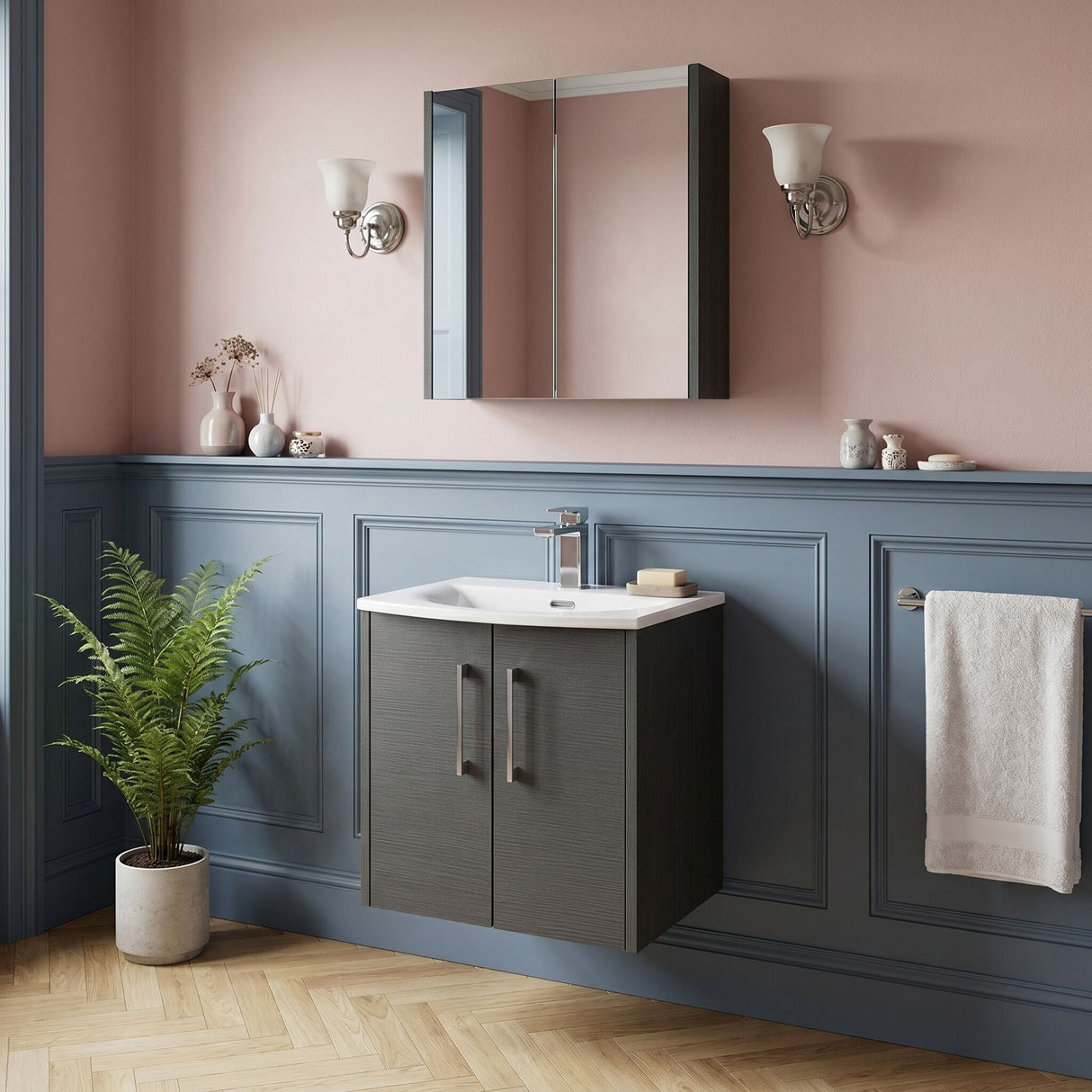 [BFPF2221G] Winshill Contemporary 2 Door Wall Hung Vanity Unit with Curved Basin - Choice of Size and Colour