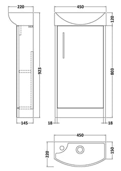 [BFPF2221R] Winshill Contemporary 1 Door Floor Standing Cloakroom Vanity Unit with Basin - Choice of Orientation and Colour - Technical Drawing