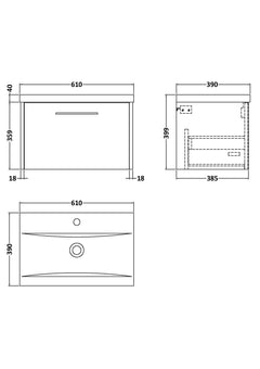 [BFPF2222A] Winshill Contemporary 1 Drawer Wall Hung Vanity Unit with Mid-Edge Basin - Choice of Size and Colour - Technical Drawing