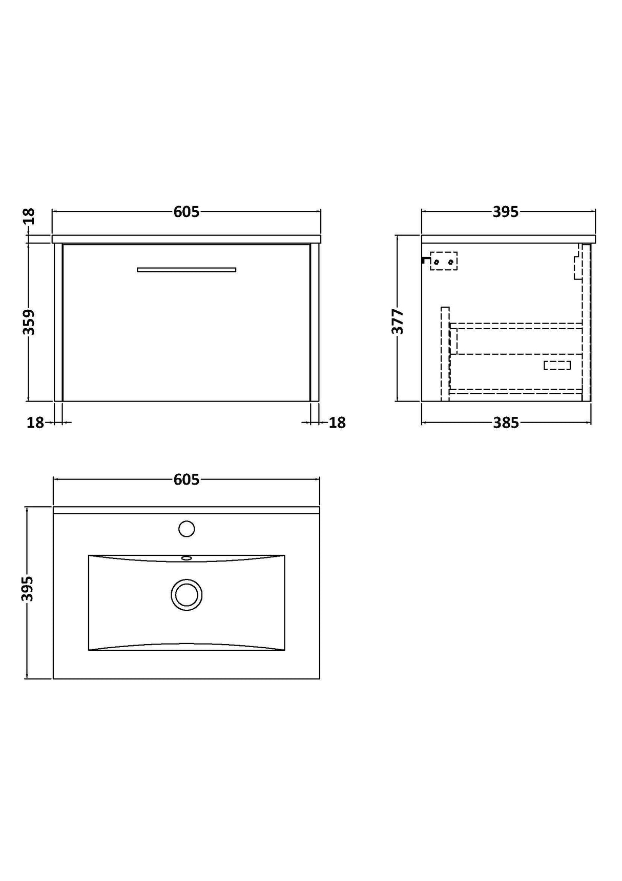 [BFPF2222B] Winshill Wall Hung 1 Drawer Vanity Unit with 1 Tap Hole Minimalist Basin, Choice of Size and Colour - Technical Drawing