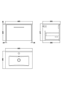 [BFPF2222B] Winshill Wall Hung 1 Drawer Vanity Unit with 1 Tap Hole Minimalist Basin, Choice of Size and Colour - Technical Drawing