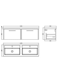 [BFPF2222C] Winshill Contemporary 2 Drawer 1200mm Wall Hung Vanity Unit with Thin Edge Basin - Choice of Colour - Technical Drawing