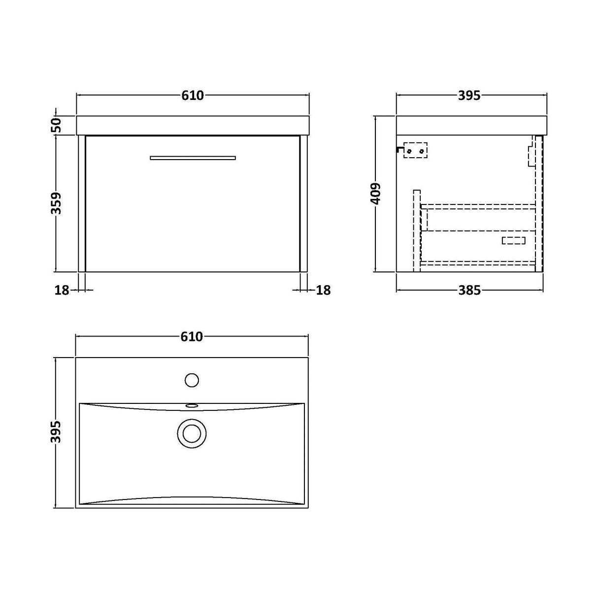 [BFPF2222D] Winshill Contemporary 1 Drawer Wall Hung Vanity Unit with Thin Edge Basin - Choice of Size and Colour - Technical Drawing