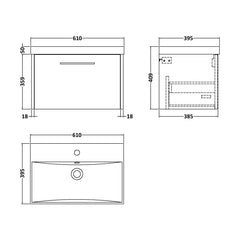 [BFPF2222D] Winshill Contemporary 1 Drawer Wall Hung Vanity Unit with Thin Edge Basin - Choice of Size and Colour - Technical Drawing