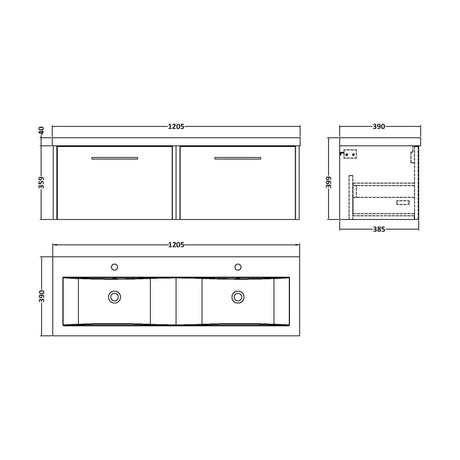 [BFPF2222F] Winshill Contemporary 2 Drawer Wall Hung Vanity Unit with Double Basin, Woodgrain Dark Grey, 1200mm - Technical Drawing