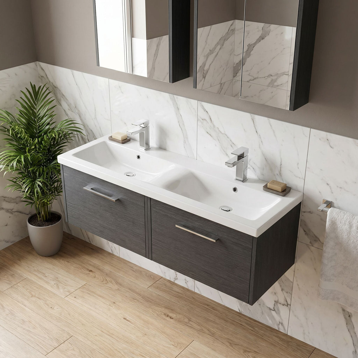 [BFPF2222F] Winshill Contemporary 2 Drawer Wall Hung Vanity Unit with Double Ceramic Basin, 1200mm, Choice of Colour