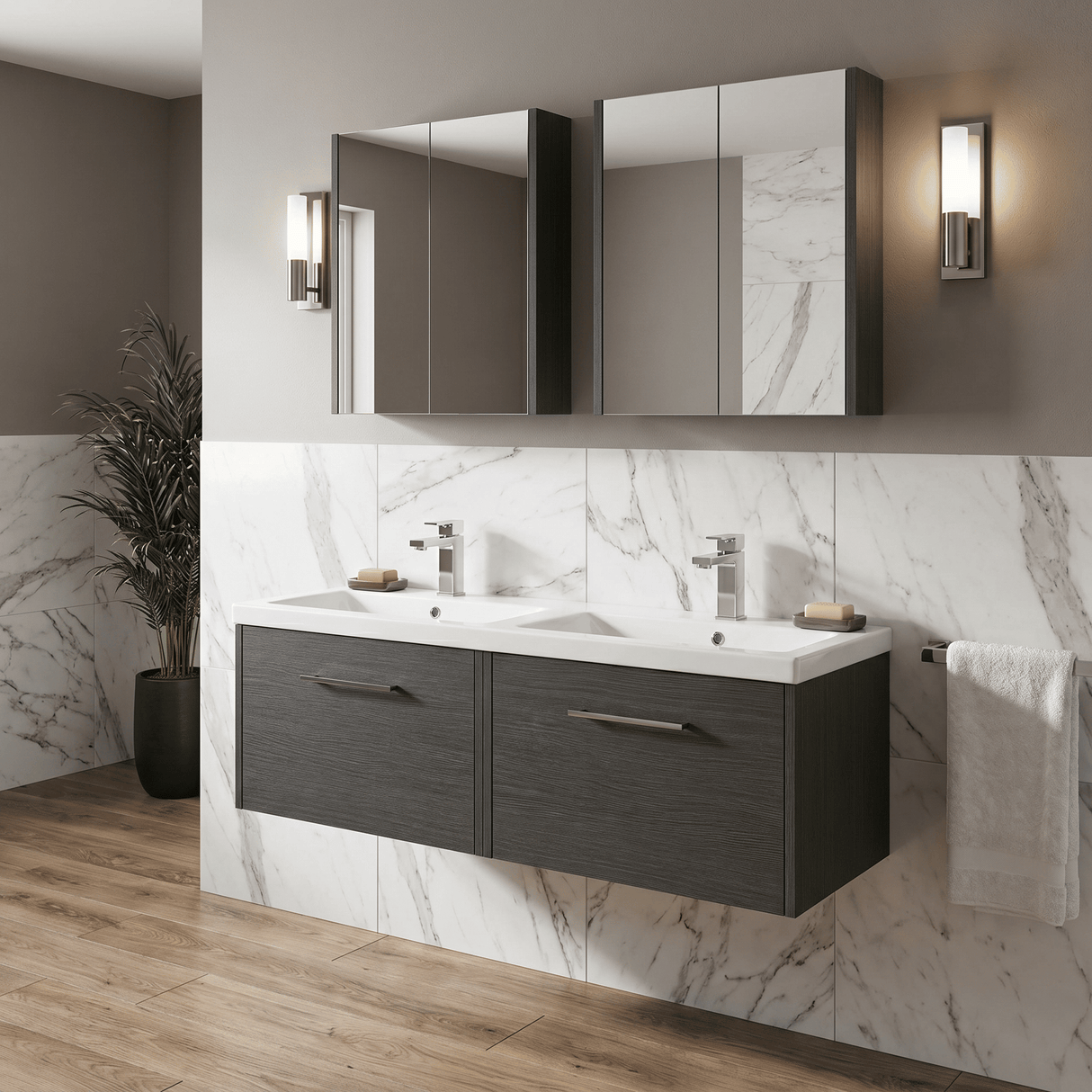 [BFPF2222F] Winshill Contemporary 2 Drawer Wall Hung Vanity Unit with Double Ceramic Basin, 1200mm, Choice of Colour