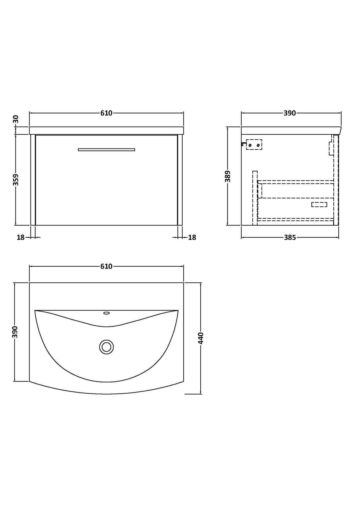 [BFPF2222G] Winshill Contemporary 1 Drawer Wall Hung Vanity Unit with Curved Basin, Choice of Size and Colour - Technical Drawing