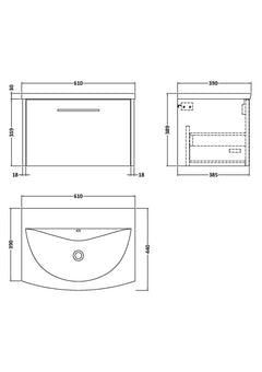 [BFPF2222G] Winshill Contemporary 1 Drawer Wall Hung Vanity Unit with Curved Basin, Choice of Size and Colour - Technical Drawing