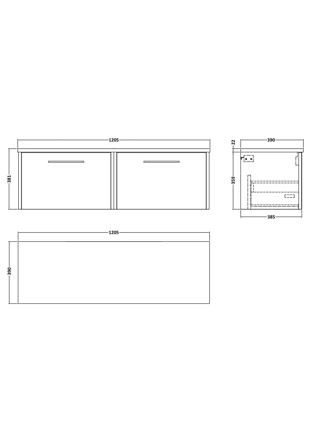 [BFPF2222LBG2] Winshill Contemporary 2 Drawer Wall Hung Vanity Unit with Bellato Grey Laminate Worktop - Choice of Colour - Technical Drawing