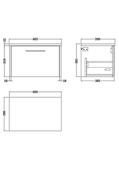 [BFPF2222LCM] Winshill Contemporary 1 Drawer Wall Hung Vanity Unit with Carrera Marble Laminate Worktop - Choice of Size and Colour - Technical Drawing
