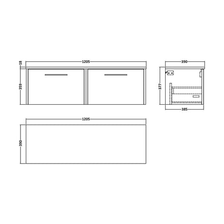 [BFPF2222W2] Winshill Contemporary 2 Drawer Wall Hung Vanity Unit with Worktop, Woodgrain Dark Grey, 1200mm - Technical Drawing