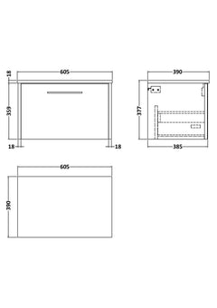 [BFPF2222W] Winshill Contemporary 1 Drawer Wall Hung Vanity Unit with Worktop - Choice of Size and Colour - Technical Drawing