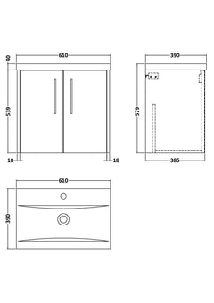 [BFPF2223A] Winshill Contemporary 2 Door Wall Hung Vanity Unit with Mid-Edge Basin - Choice of Size and Colour - Technical Drawing