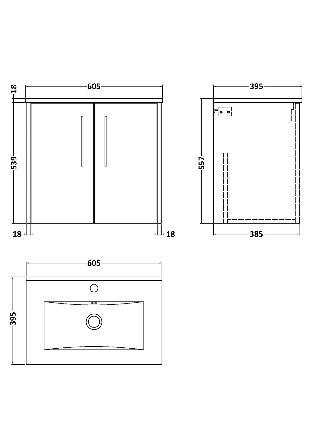 [BFPF2223B] Winshill Contemporary 2 Door Wall Hung Vanity Unit with Minimalist Basin - Choice of Size and Colour - Technical Drawing