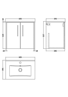 [BFPF2223B] Winshill Contemporary 2 Door Wall Hung Vanity Unit with Minimalist Basin - Choice of Size and Colour - Technical Drawing