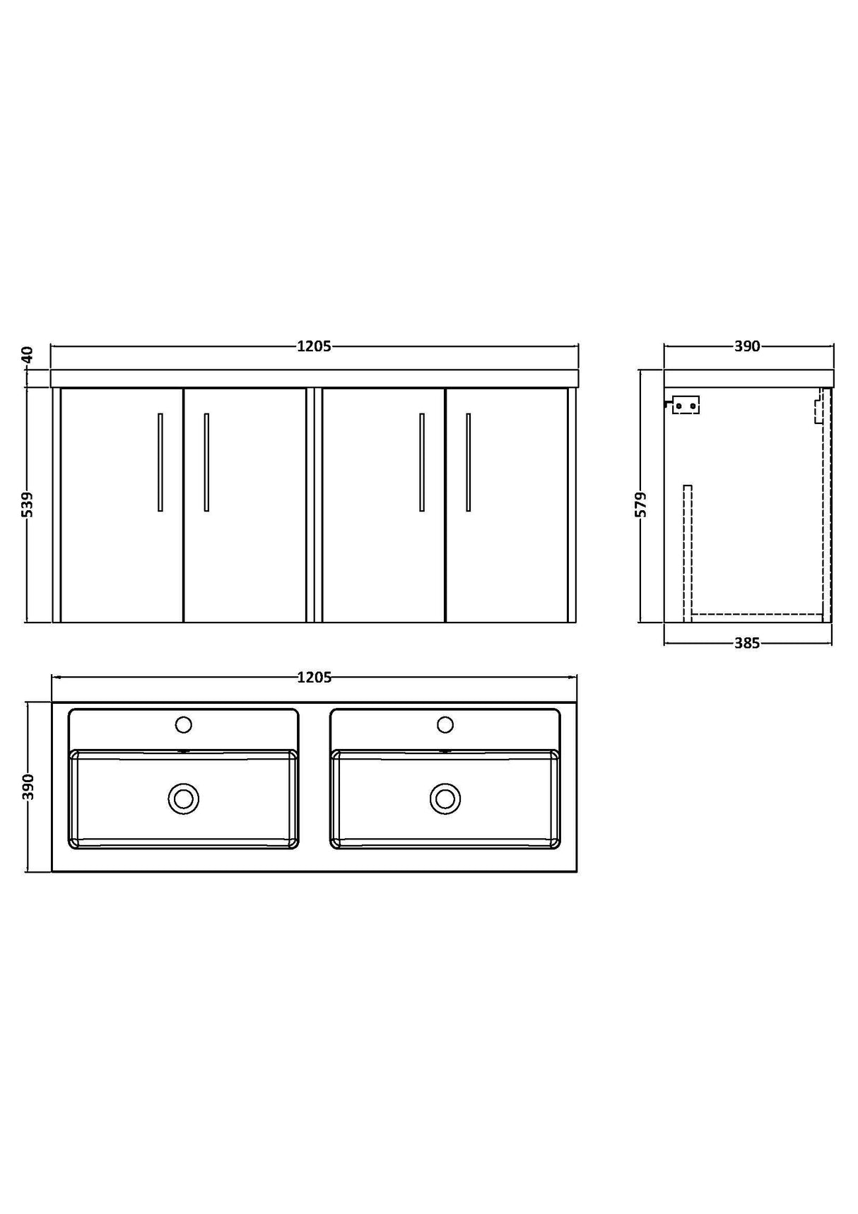 [BFPF2223C] Winshill Contemporary 4 Door 1200mm Wall Hung Vanity Unit with Thin Edge Basin - Choice of Colour - Technical Drawing