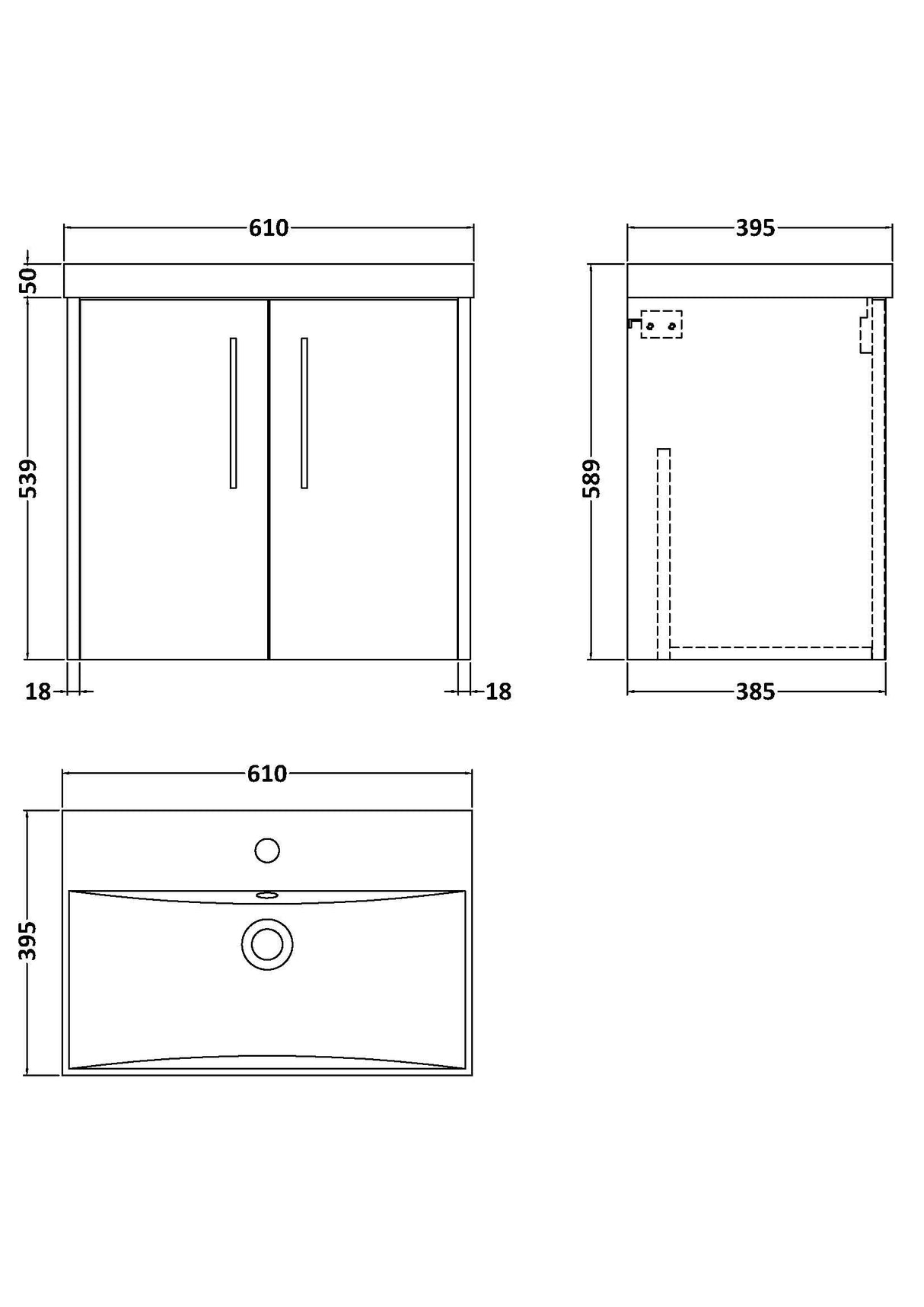 [BFPF2223D] Winshill Contemporary 2 Door Wall Hung Vanity Unit with Thin Edge Basin - Choice of Size and Colour - Technical Drawing