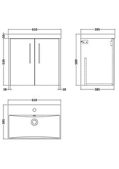 [BFPF2223D] Winshill Contemporary 2 Door Wall Hung Vanity Unit with Thin Edge Basin - Choice of Size and Colour - Technical Drawing