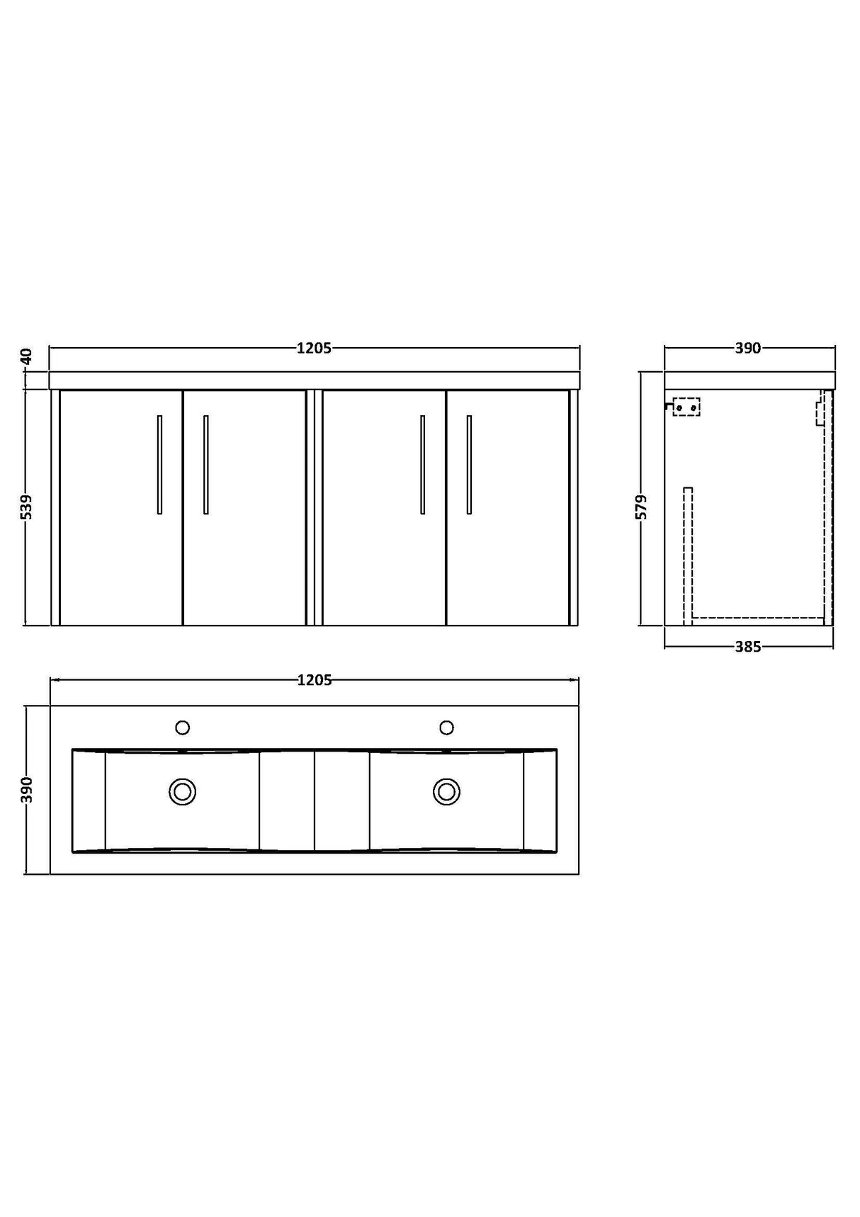 [BFPF2223F] Winshill Contemporary Wall Hung 4 Door Vanity Basin Unit with Ceramic Basin, 1200mm, Choice of Colour - Technical Drawing