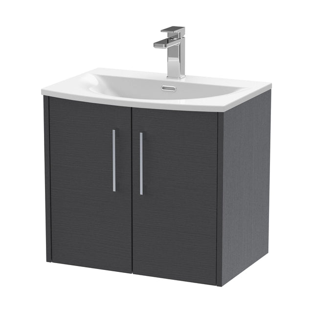 [BFPF2223G] Winshill Contemporary 2 Door Wall Hung Vanity Unit with Curved Basin, Woodgrain Dark Grey, 600mm - Cutout