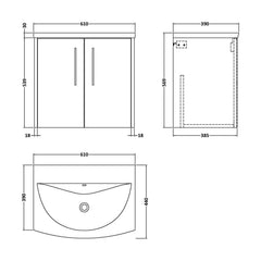 [BFPF2223G] Winshill Contemporary 2 Door Wall Hung Vanity Unit with Curved Basin - Choice of Size and Colour - Technical Drawing