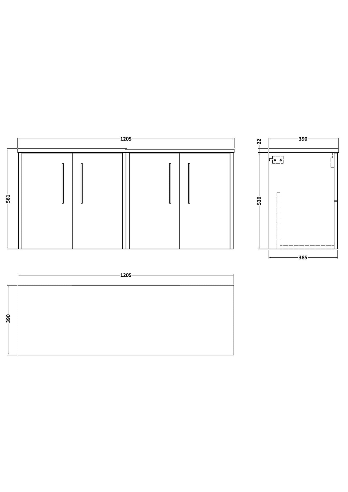 [BFPF2223LBG2] Winshill Contemporary Wall Hung Vanity Unit with Bellato Grey Laminate Worktop - Choice of Colour - Technical Drawing