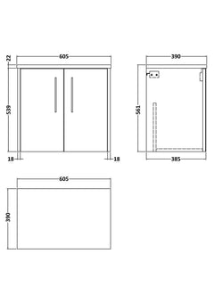 [BFPF2223LBG] Winshill Contemporary 2 Door Wall Hung Vanity Unit with Bellato Grey Laminate Worktop - Choice of Colour - Technical Drawing