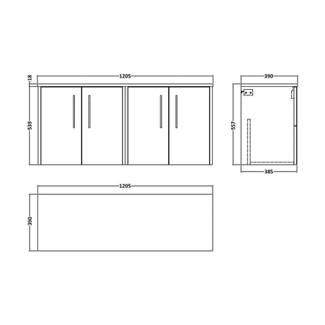[BFPF2223W2] Winshill Contemporary Wall Hung Vanity Unit with Worktop, Woodgrain Dark Grey, 1200mm - Technical Drawing
