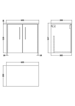 [BFPF2223W] Winshill Contemporary 2 Door Wall Hung Vanity Unit with Worktop - Choice of Colour - Technical Drawing