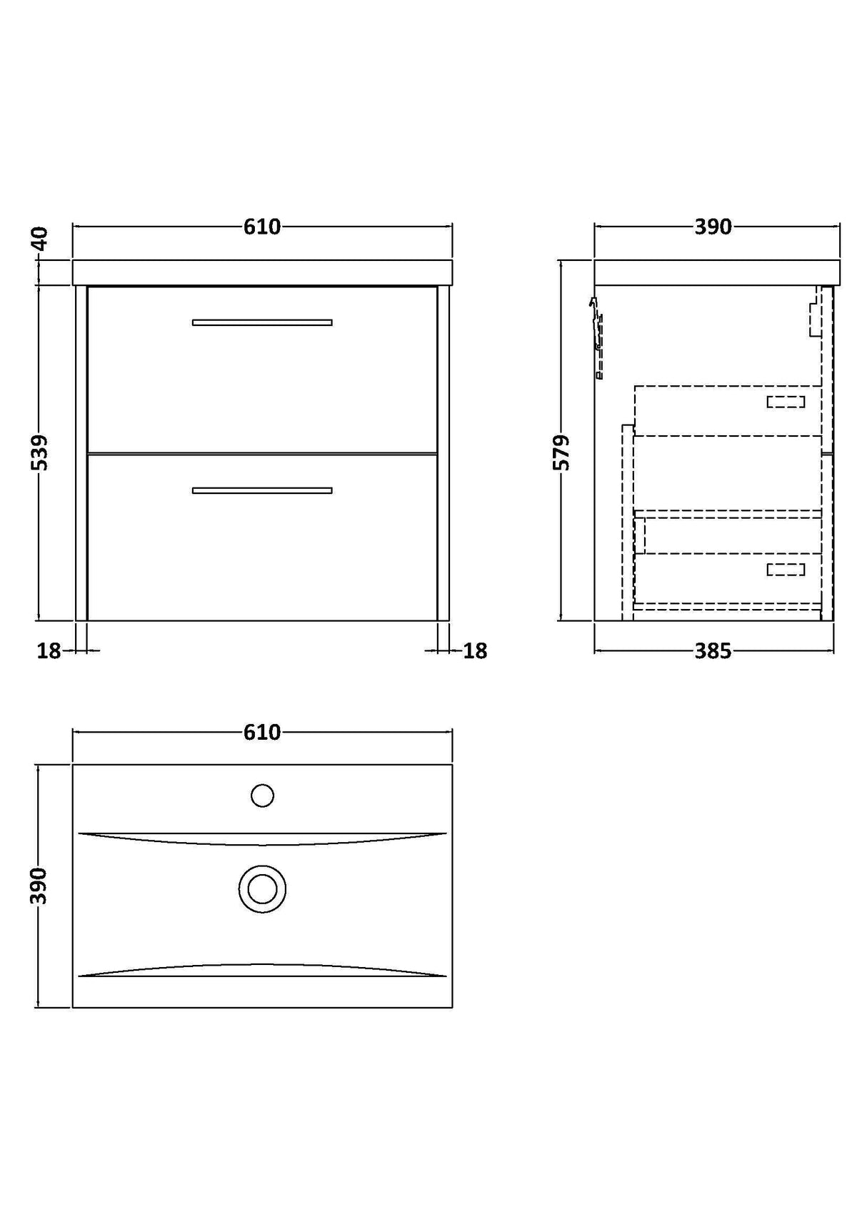 [BFPF2224A] Winshill Contemporary 2 Drawer Wall Hung Vanity Unit with Mid-Edge Basin - Choice of Size and Colour - Technical Drawing