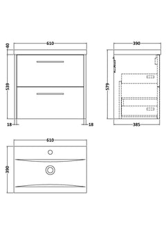 [BFPF2224A] Winshill Contemporary 2 Drawer Wall Hung Vanity Unit with Mid-Edge Basin - Choice of Size and Colour - Technical Drawing