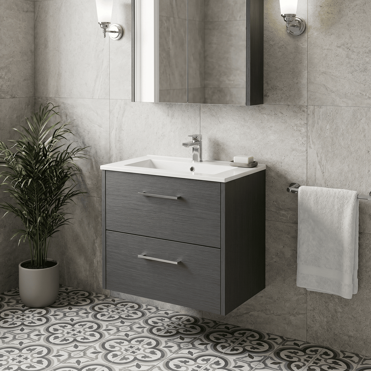 [BFPF2224B] Winshill Contemporary 2 Drawer Wall Hung Vanity Unit with Minimalist Basin, Choice of Size and Colour