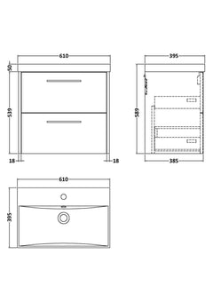 [BFPF2224D] Winshill Contemporary 2 Drawer Wall Hung Vanity Unit with Thin Edge Basin - Choice of Size and Colour - Technical Drawing