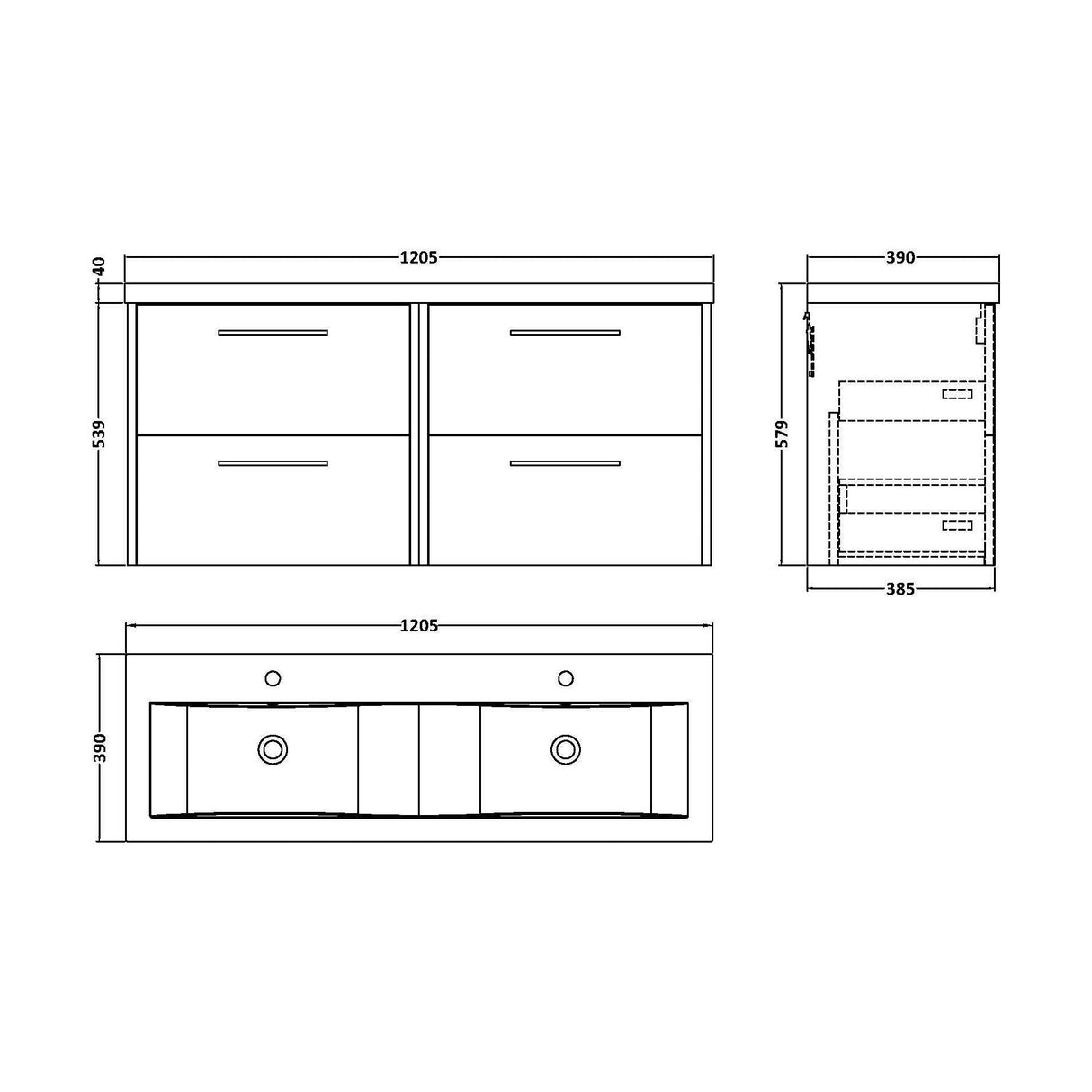 [BFPF2224F] Winshill Contemporary 4 Drawer Wall Hung Vanity Unit with Double Basin, 1200mm, Choice of Colour - Technical Drawing