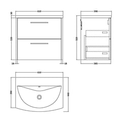 [BFPF2224G] Winshill Contemporary 2 Drawer Wall Hung Vanity Unit with Curved Basin, Choice of Colour - Technical Drawing