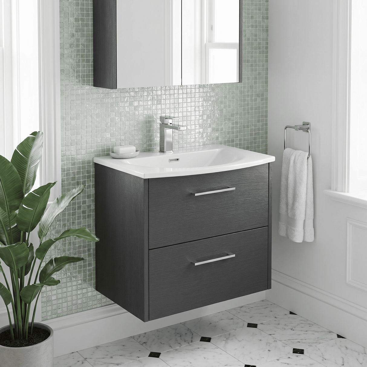 [BFPF2224G] Winshill Contemporary 2 Drawer Wall Hung Vanity Unit with Curved Basin, Choice of Colour